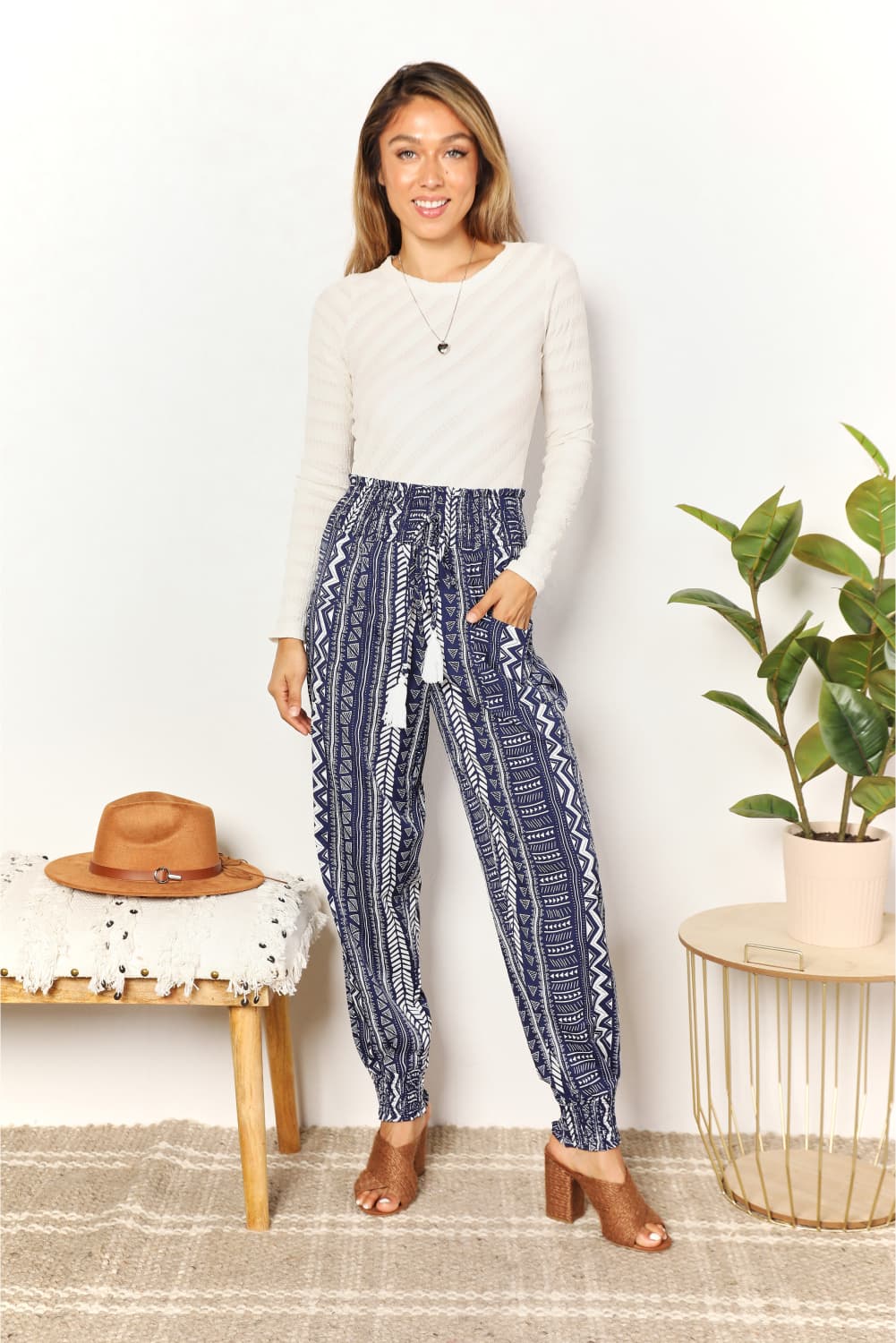 Geometric Print Tassel High-Rise Pants - Bottoms - Pants - 5 - 2024