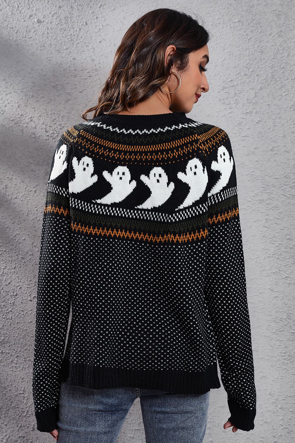 Ghost Pattern Round Neck Long Sleeve Sweater - Sweaters - Shirts & Tops - 2 - 2024