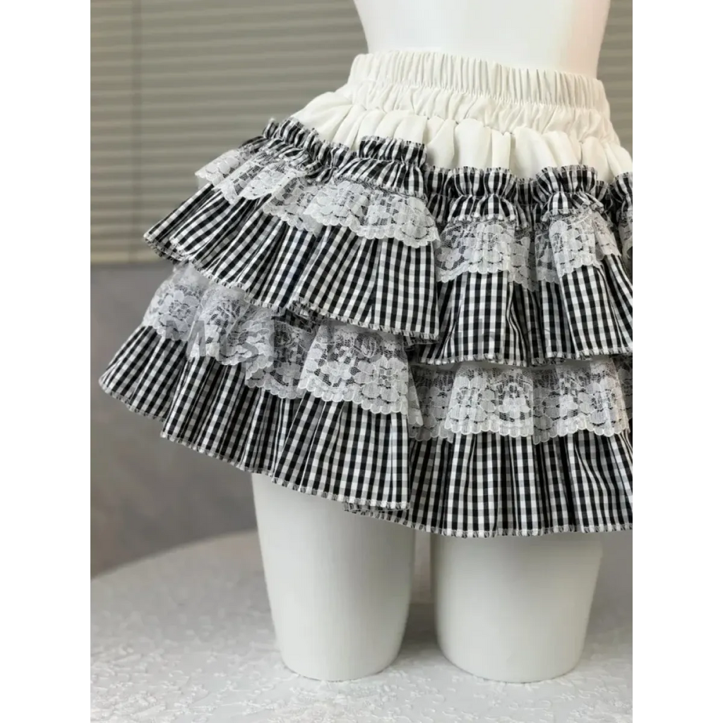 Gingham Layered Lolita Skirt – Lace Trim High Waist Kawaii - Bottoms - Skirts - 2