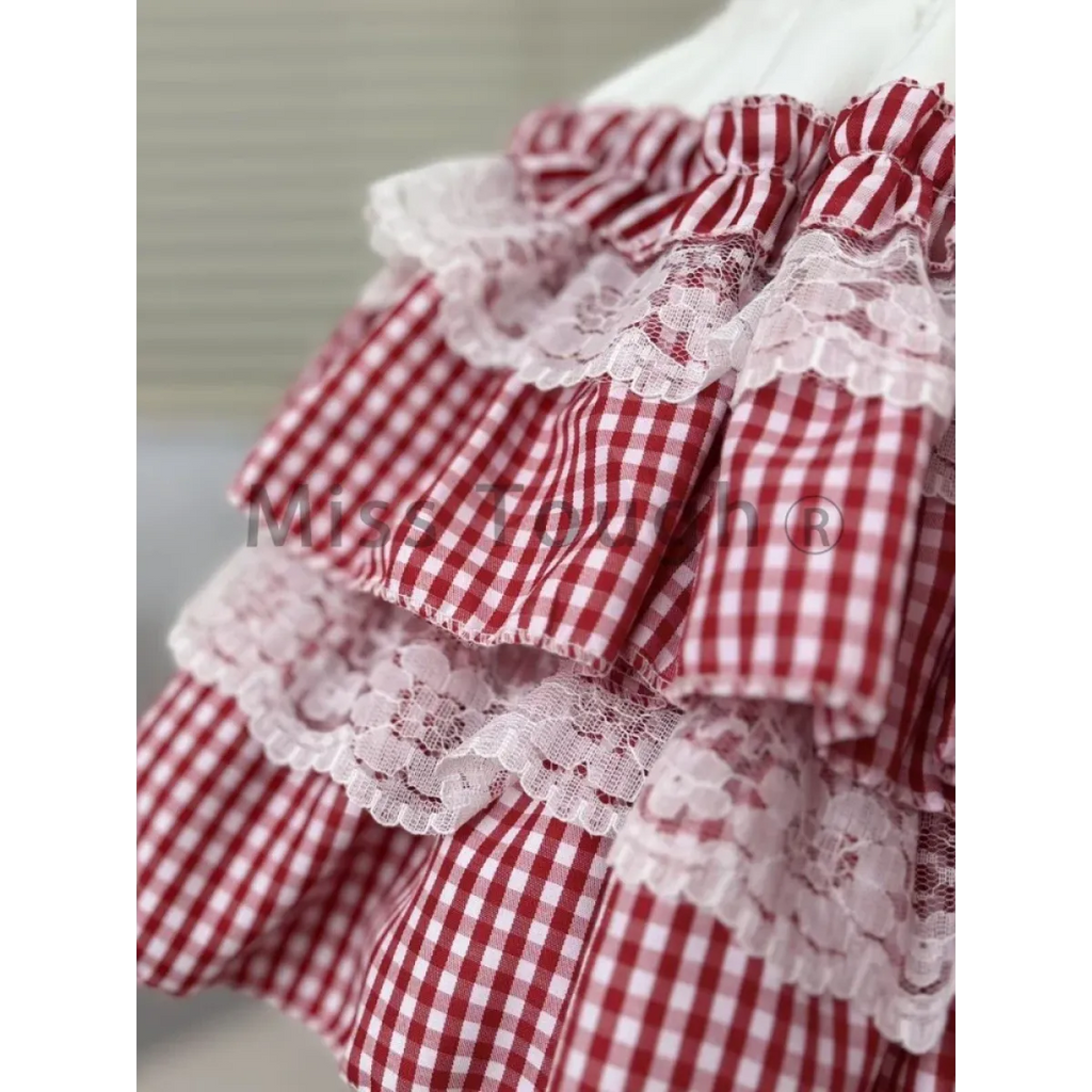 Gingham Layered Lolita Skirt – Lace Trim High Waist Kawaii - Bottoms - Skirts - 5