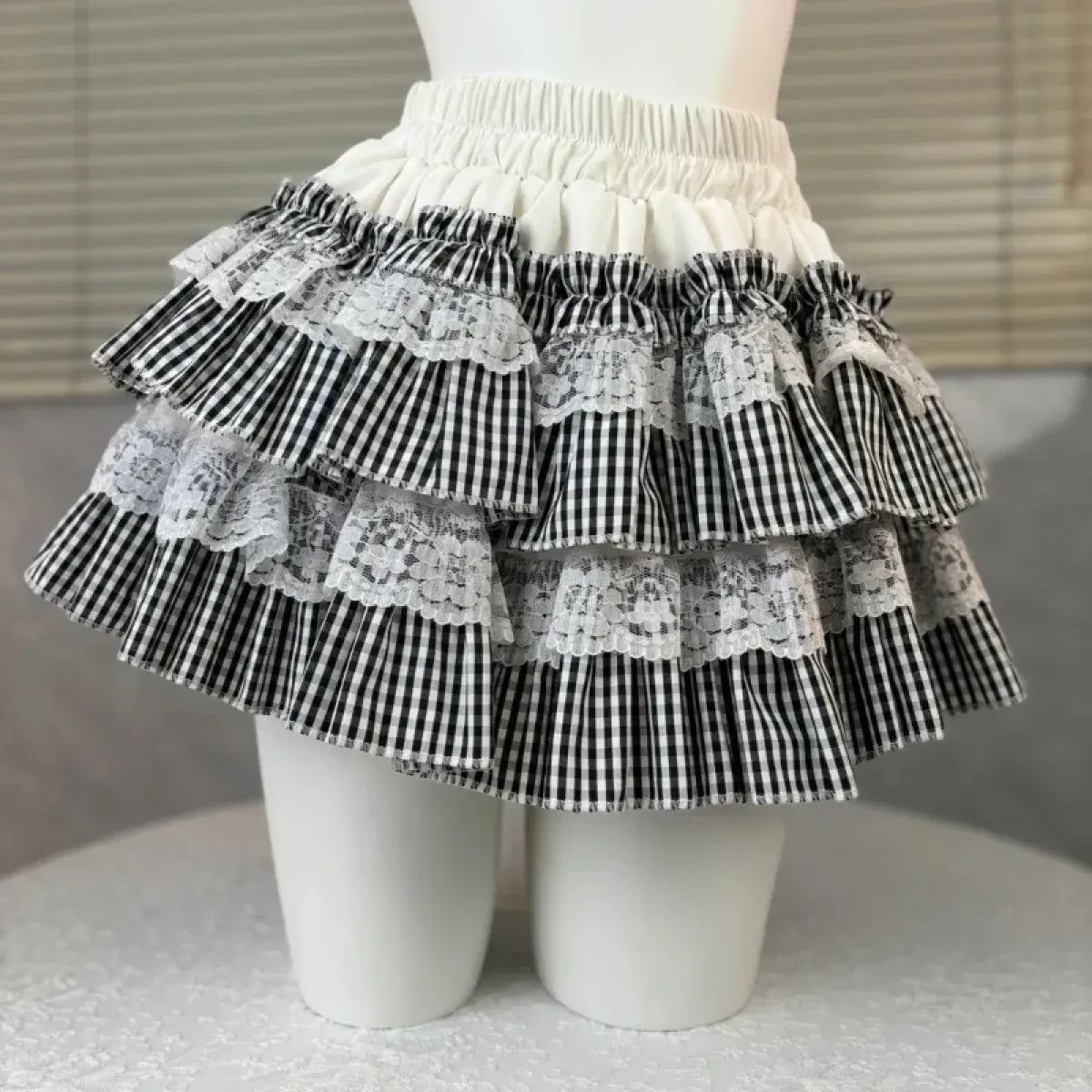Gingham Layered Lolita Skirt – Lace Trim High Waist Kawaii - Bottoms - Skirts - 6