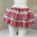 Gingham Layered Lolita Skirt – Lace Trim High Waist Kawaii - Bottoms - Skirts - 7