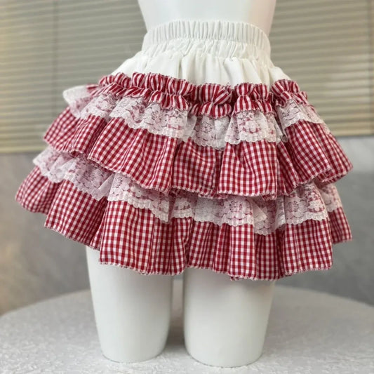 Gingham Layered Lolita Skirt – Lace Trim High Waist Kawaii - Bottoms - Skirts - 7