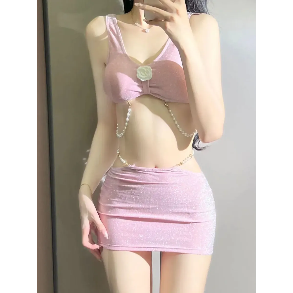 Glitter 3PC Bikini Set – 3D Flower Top with Pearl Chain Mini Skirt - Bottoms - Sleeveless - Swimwear - 1