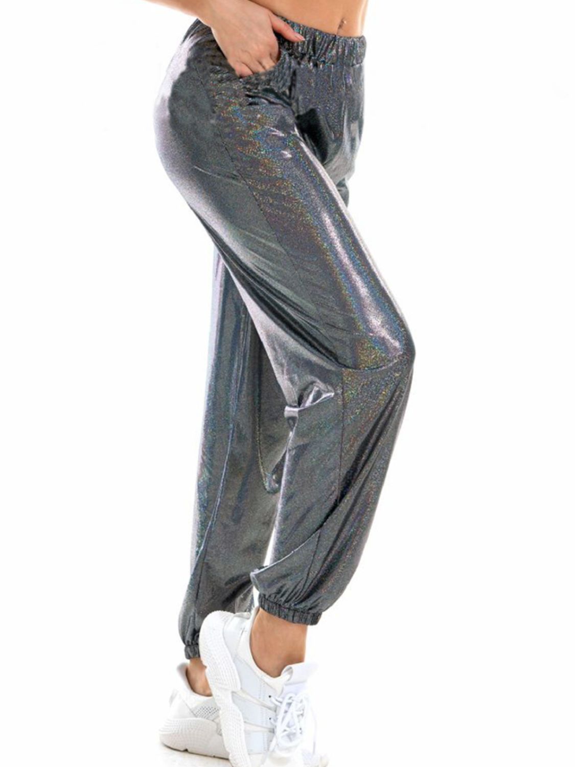 Glitter Elastic Waist Pants with Pockets - Bottoms - Pants - 5 - 2024