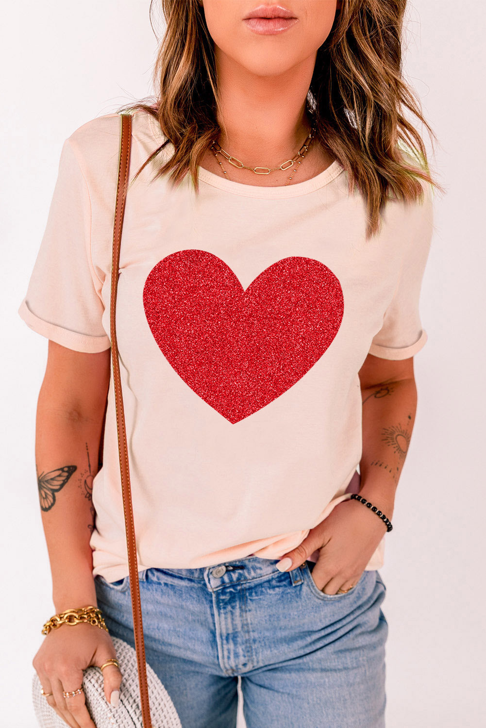 Glitter Heart Graphic T-Shirt - Pink / S - T-Shirts - Shirts & Tops - 1 - 2024