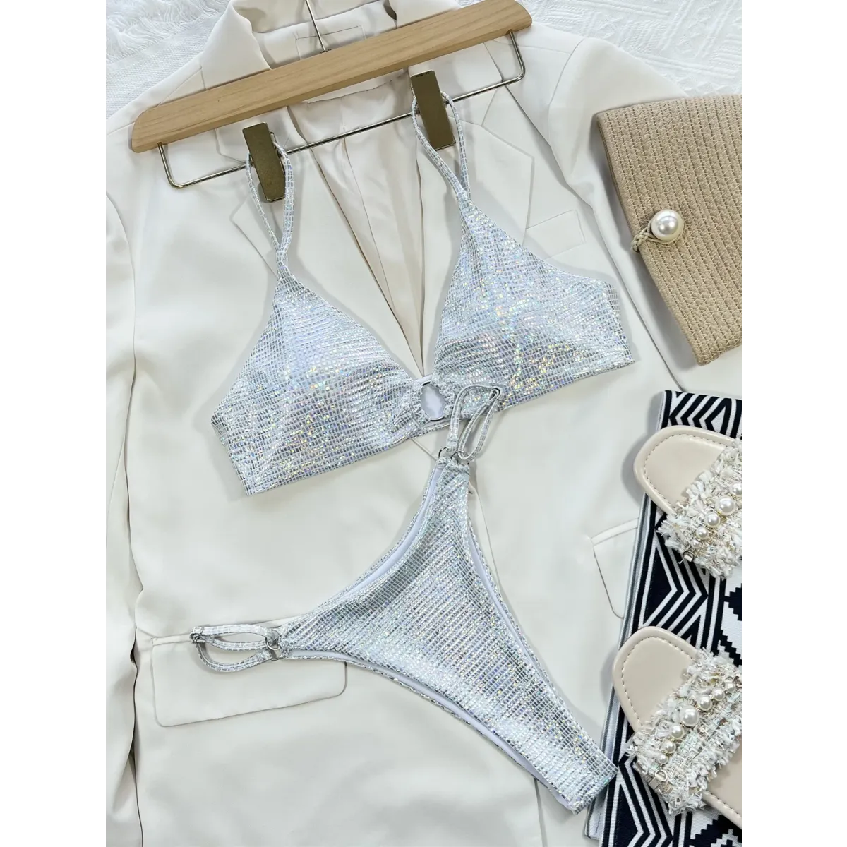 Glitter Sequin Bikini Set – Ring Detail Thong Swimwear - Best Sellers - Strapless - Swimwear - 1