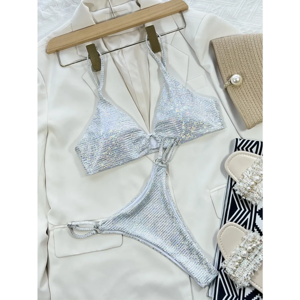 Glitter Sequin Bikini Set – Ring Detail Thong Swimwear - Harajuku Style - Strapless - Swimwear - 1