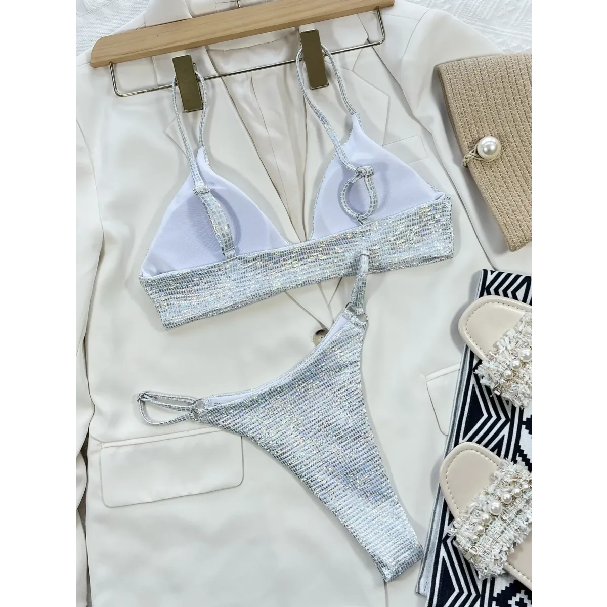 Glitter Sequin Bikini Set – Ring Detail Thong Swimwear - Harajuku Style - Strapless - Swimwear - 3