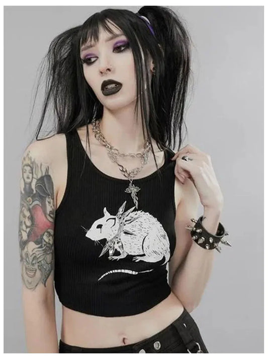 Mouse Print Black Tank: Goth Streetwear Bodycon - Crop Tops - Shirts & Tops - 1 - 2024