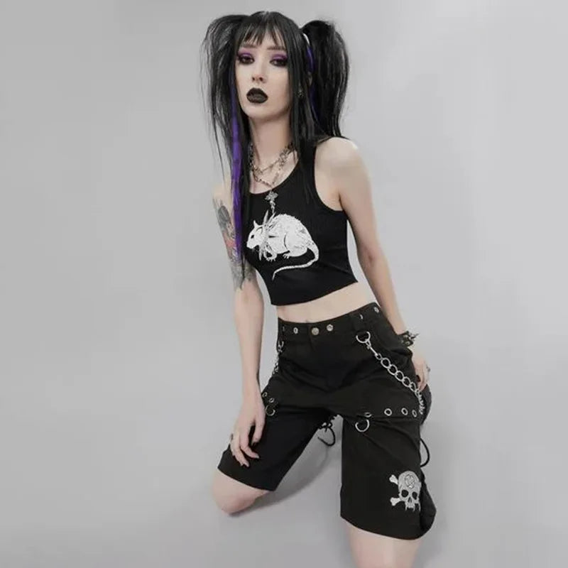 Mouse Print Black Tank: Goth Streetwear Bodycon - Crop Tops - Shirts & Tops - 5 - 2024