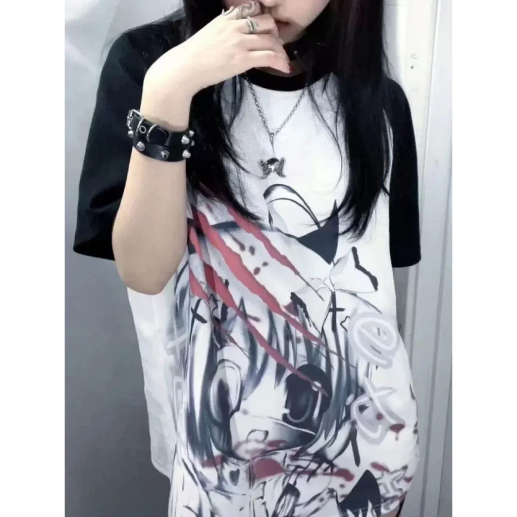 Black & White Gothic Anime T-Shirt – Harajuku Y2K Graphic Top - T-Shirts - Short - Round - T-Shirts - 6