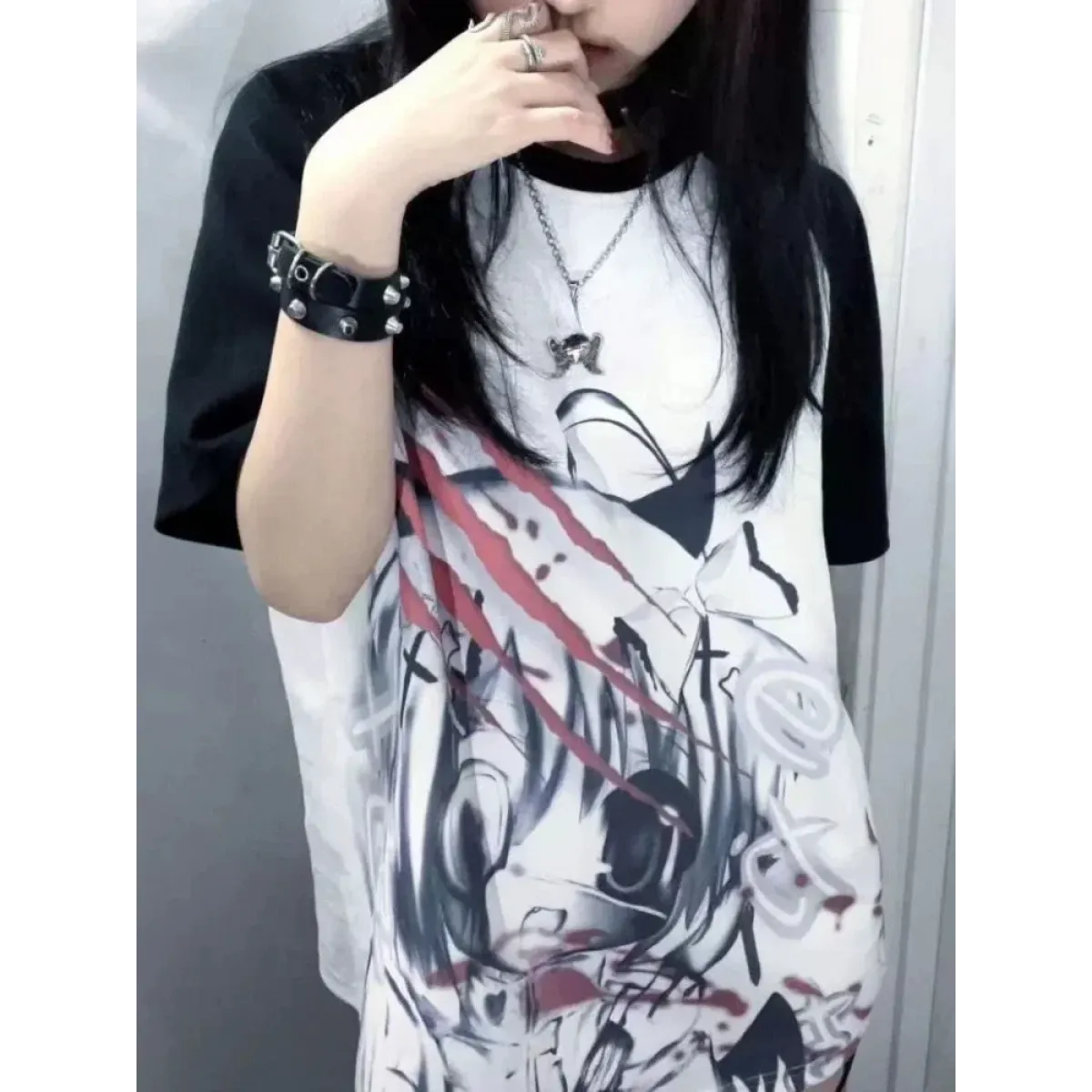 Black & White Gothic Anime T-Shirt – Harajuku Y2K Graphic Top - T-Shirts - Short - Round - T-Shirts - 6