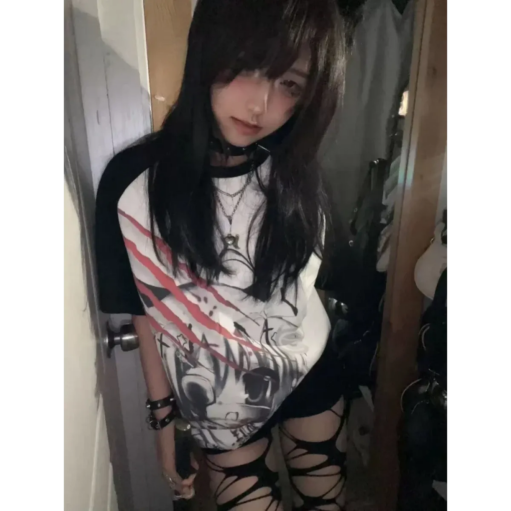 Black & White Gothic Anime T-Shirt – Harajuku Y2K Graphic Top - T-Shirts - Short - Round - T-Shirts - 3