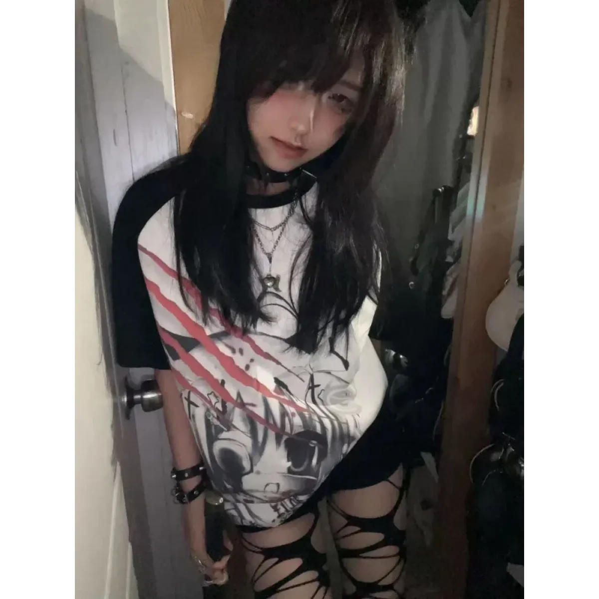 Black & White Gothic Anime T-Shirt – Harajuku Y2K Graphic Top - T-Shirts - Short - Round - T-Shirts - 3