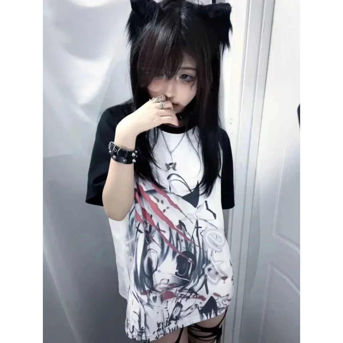Black & White Gothic Anime T-Shirt – Harajuku Y2K Graphic Top - T-Shirts - Short - Round - T-Shirts - 5