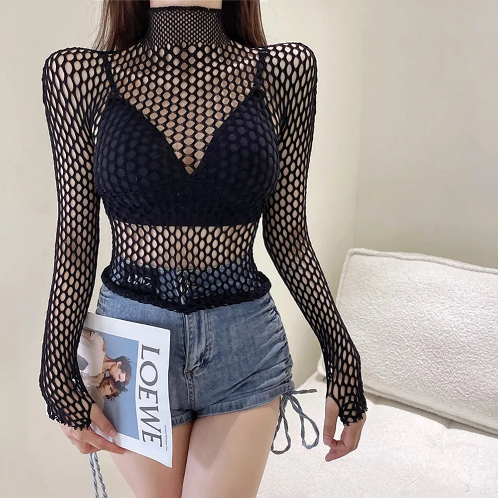 Gothic Black Fishnet Mesh T-Shirt - High Collar / Free Size - T-Shirts - Shirts & Tops - 3 - 2024