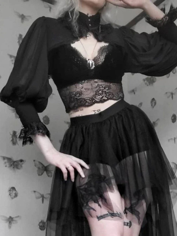 Gothic Black Lantern Sleeve Crop Top – Sexy Winter Aesthetic Blouse - Women’s Clothing & Accessories - Tank Tops