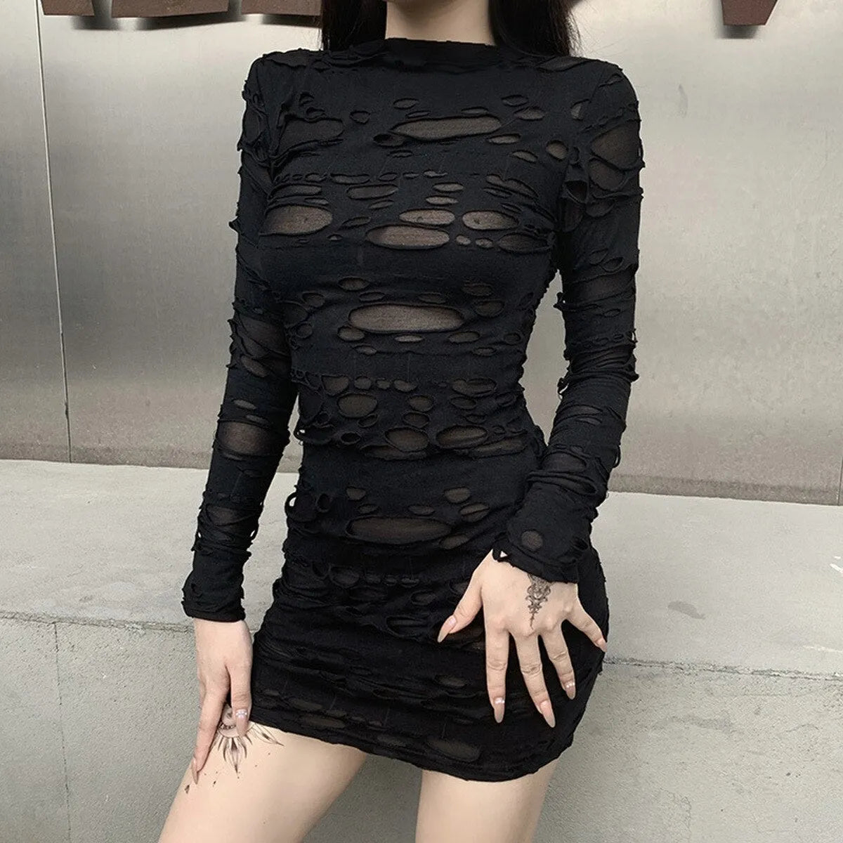 Ripped Gothic Black Mini Dress - All Dresses - 3