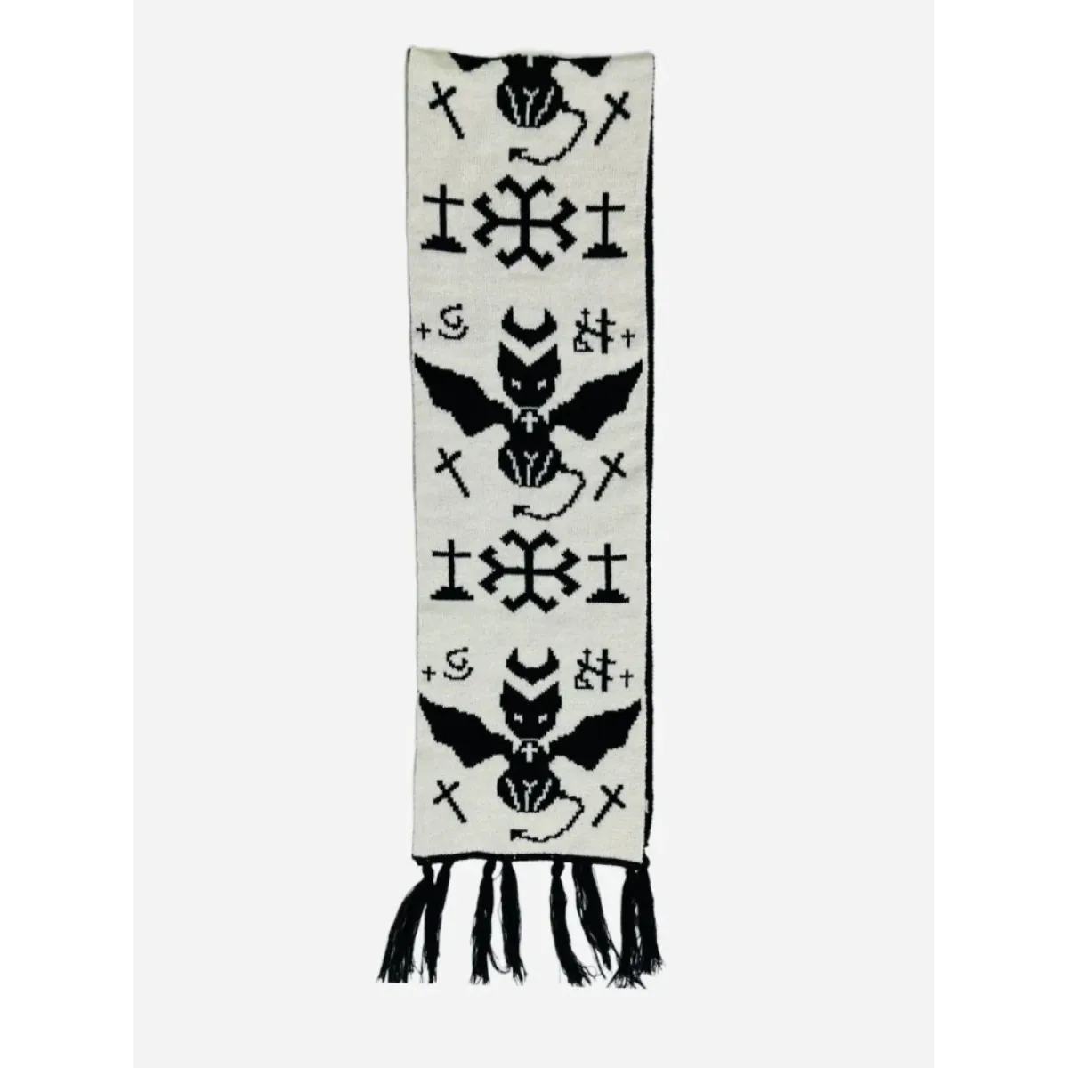 Black & White Y2K Harajuku Scarf – Gothic Cat Print with Tassels - Accessories - Scarves - 2