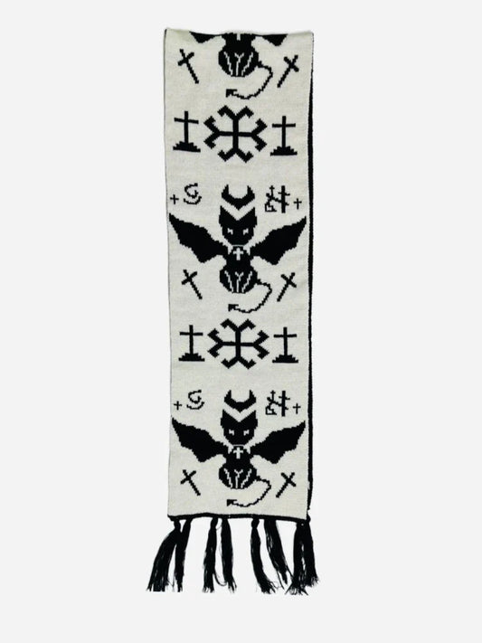 Black & White Y2K Harajuku Scarf – Gothic Cat Print with Tassels - Black / One Size - Accessories - Scarves & Shawls