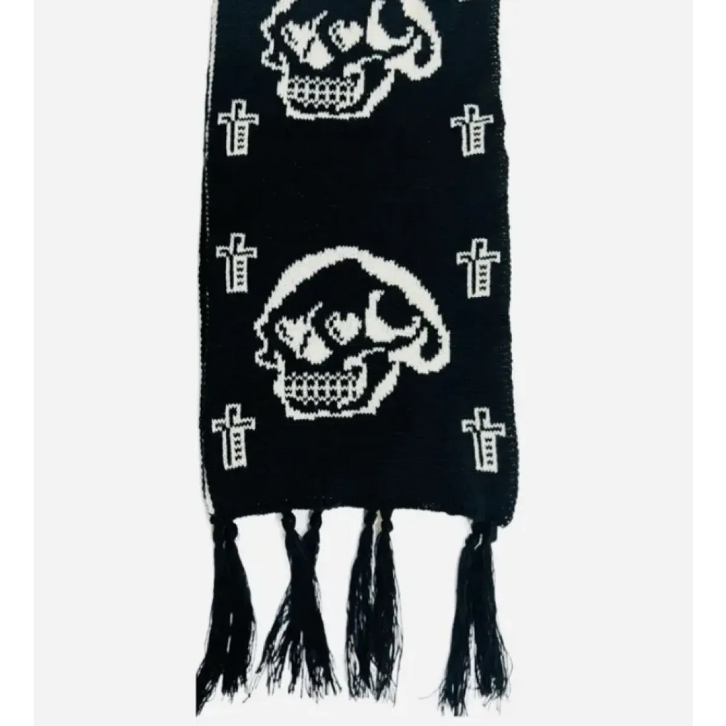 Black & White Y2K Harajuku Scarf – Gothic Cat Print with Tassels - Accessories - Scarves - 5