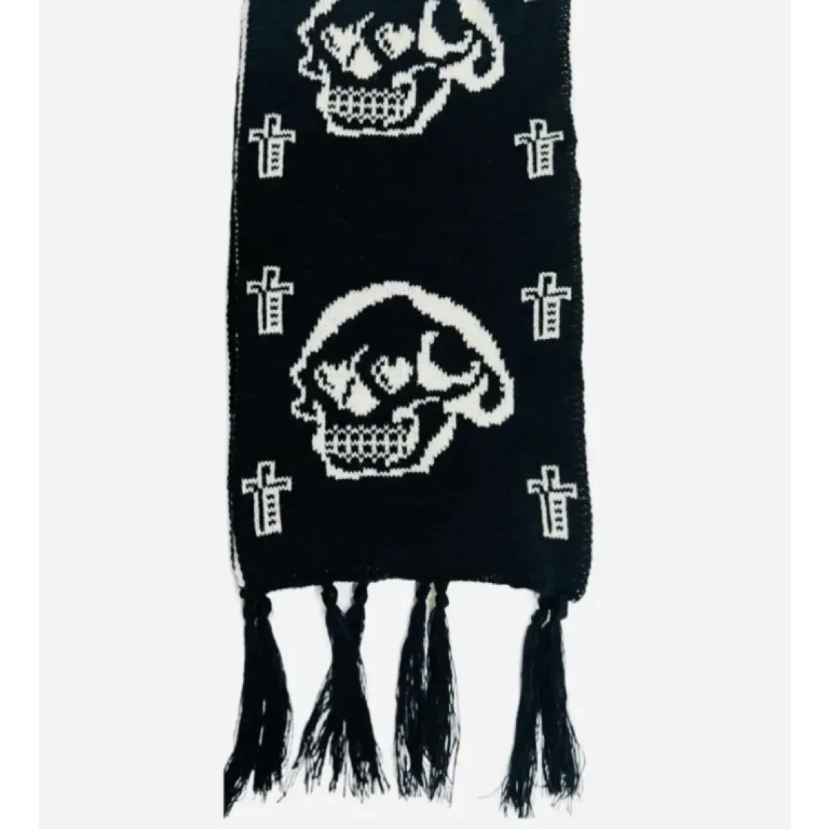 Black & White Y2K Harajuku Scarf – Gothic Cat Print with Tassels - Accessories - Scarves - 5