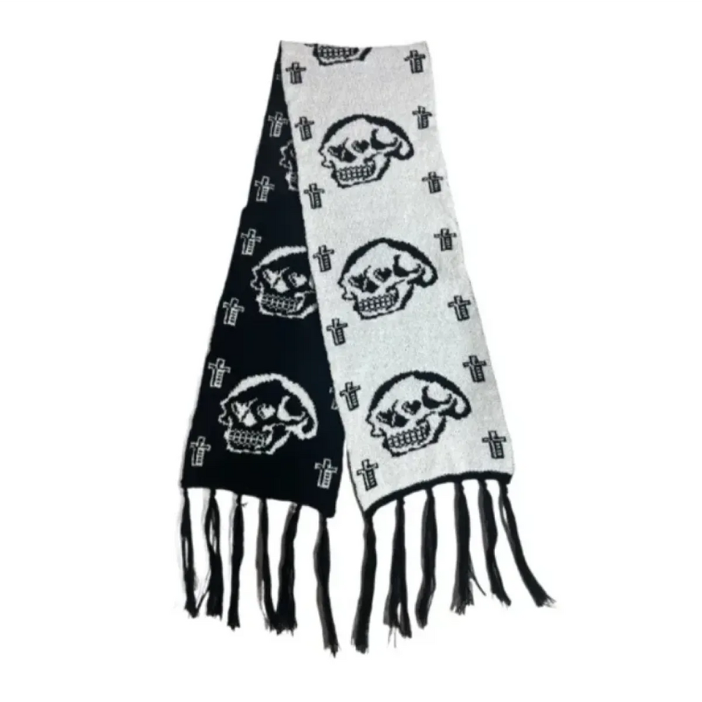 Black & White Y2K Harajuku Scarf – Gothic Cat Print with Tassels - Accessories - Scarves - 4