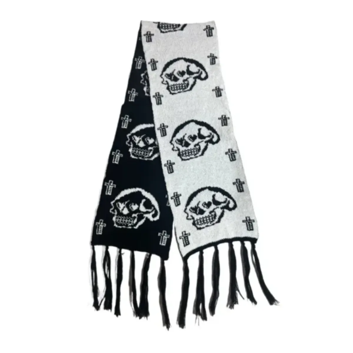 Black & White Y2K Harajuku Scarf – Gothic Cat Print with Tassels - Accessories - Scarves - 4