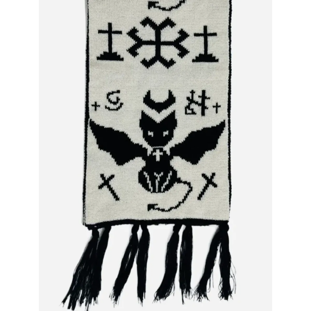 Black & White Y2K Harajuku Scarf – Gothic Cat Print with Tassels - Accessories - Scarves - 3