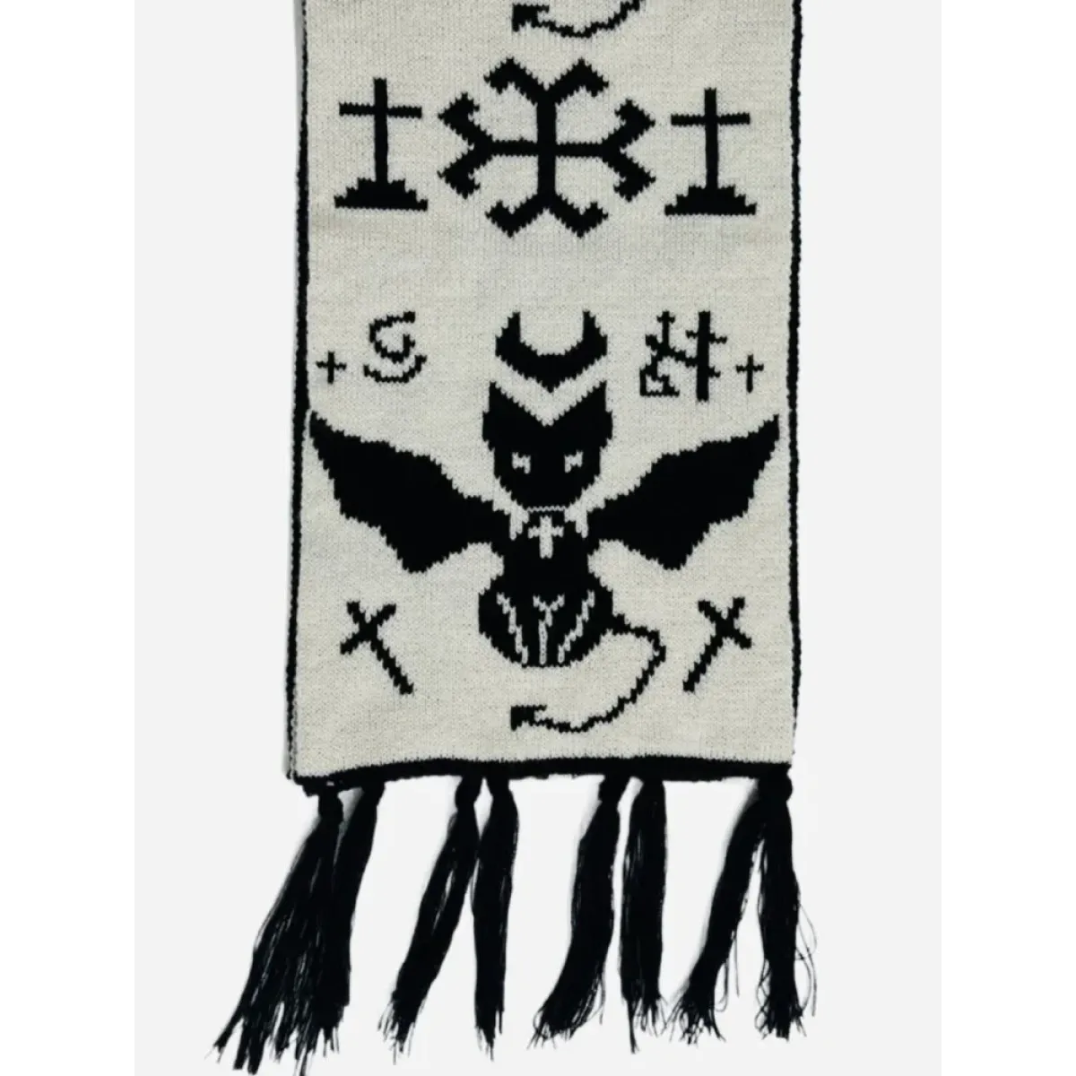 Black & White Y2K Harajuku Scarf – Gothic Cat Print with Tassels - Accessories - Scarves - 3