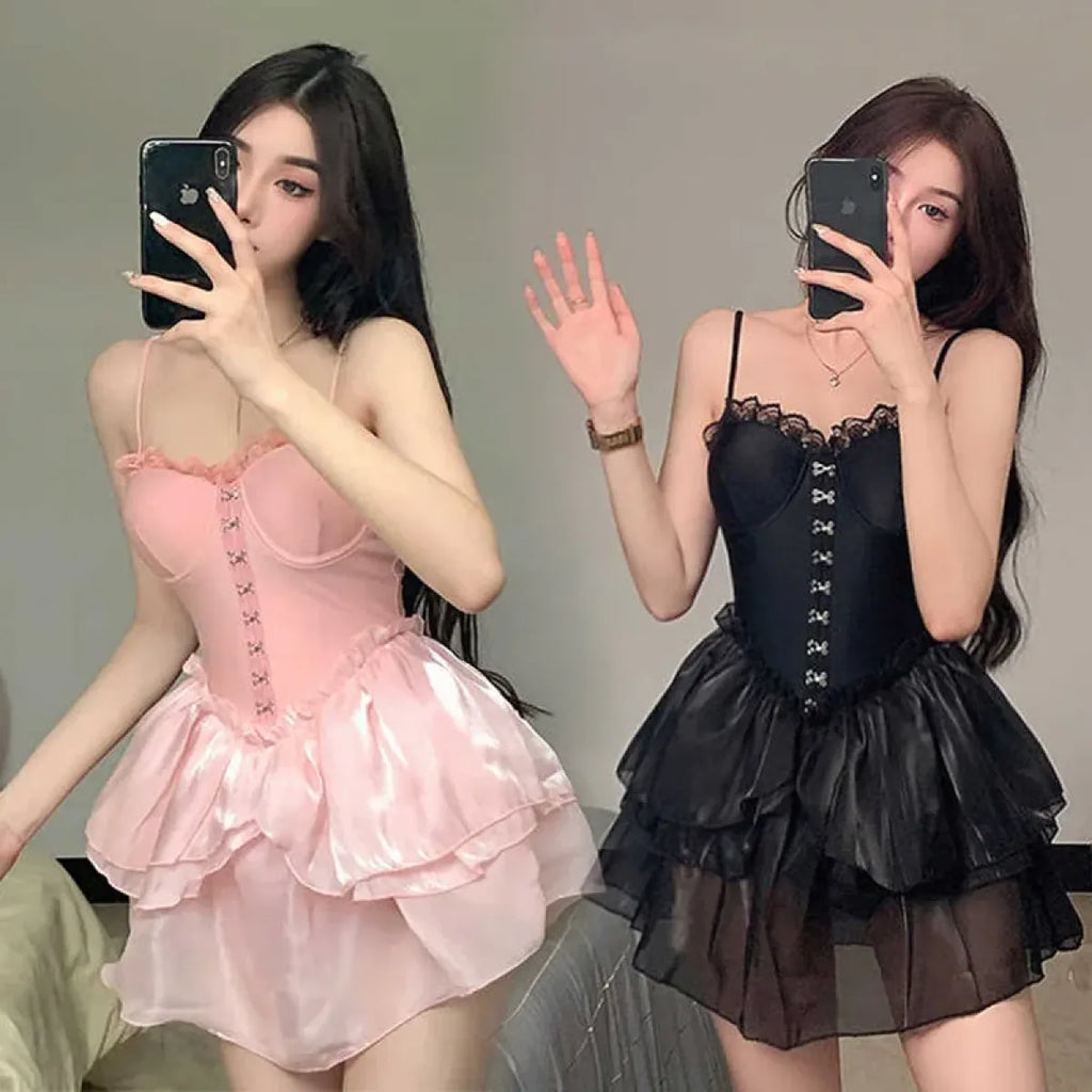 Lace One Piece Swimsuit – Gothic Corset Mini Dress Style - All Dresses - Sleeveless - Swimwear - 2