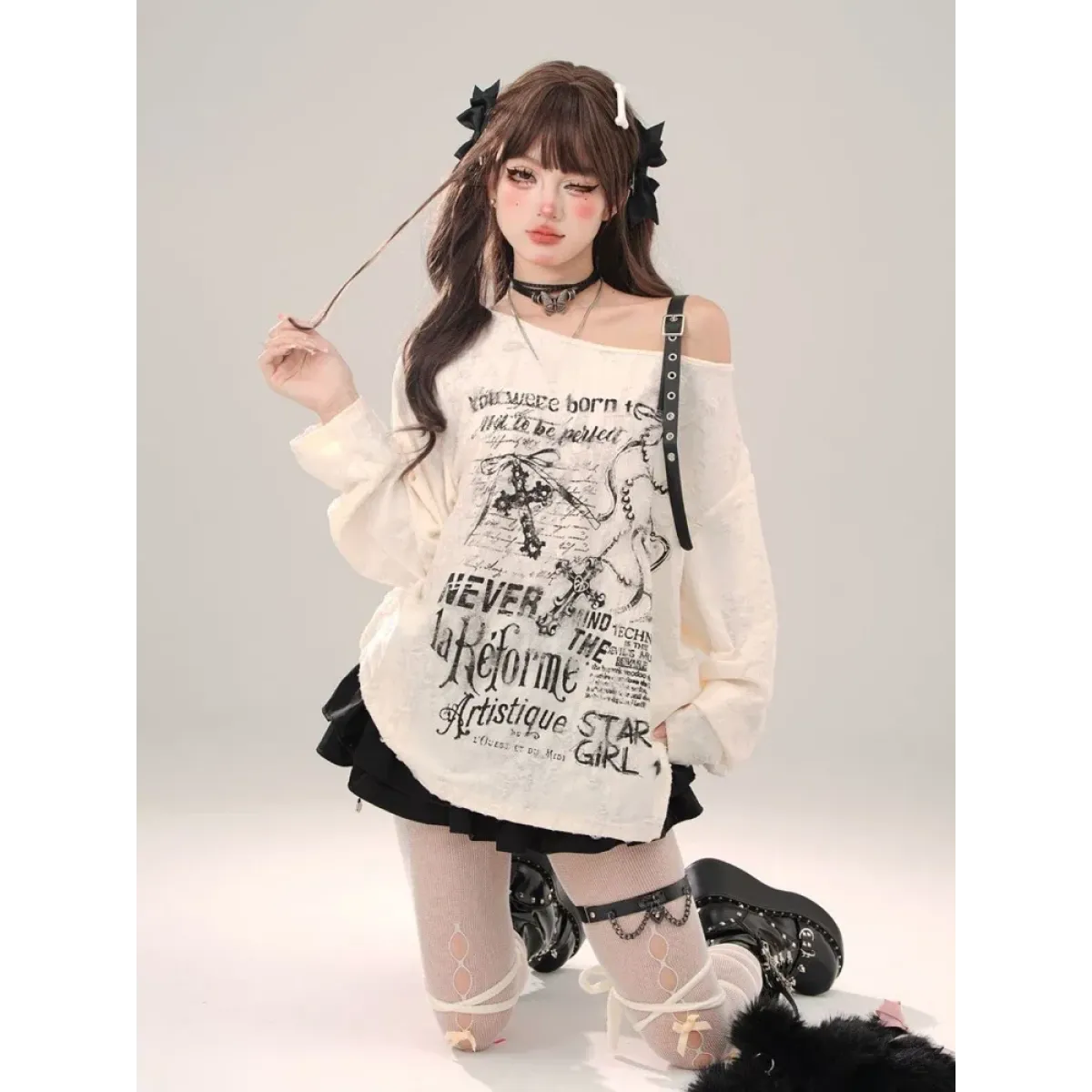 Off-Shoulder Gothic Grunge Tee – Harajuku Dark Aesthetic Top - T-Shirts - Long - Round - Tops - 1