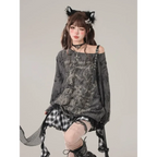 Off-Shoulder Gothic Grunge Tee – Harajuku Dark Aesthetic Top - T-Shirts - Long - Round - Tops - 3