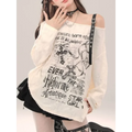 Off-Shoulder Gothic Grunge Tee – Harajuku Dark Aesthetic Top - T-Shirts - Long - Round - Tops - 5