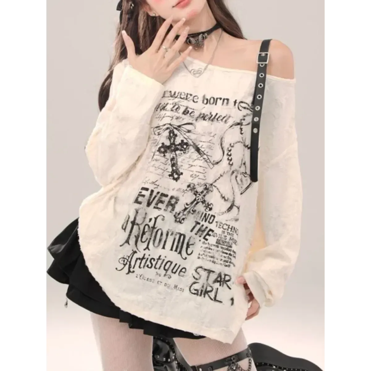 Off-Shoulder Gothic Grunge Tee – Harajuku Dark Aesthetic Top - T-Shirts - Long - Round - Tops - 5