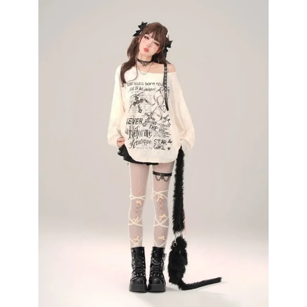 Off-Shoulder Gothic Grunge Tee – Harajuku Dark Aesthetic Top - T-Shirts - Long - Round - Tops - 2