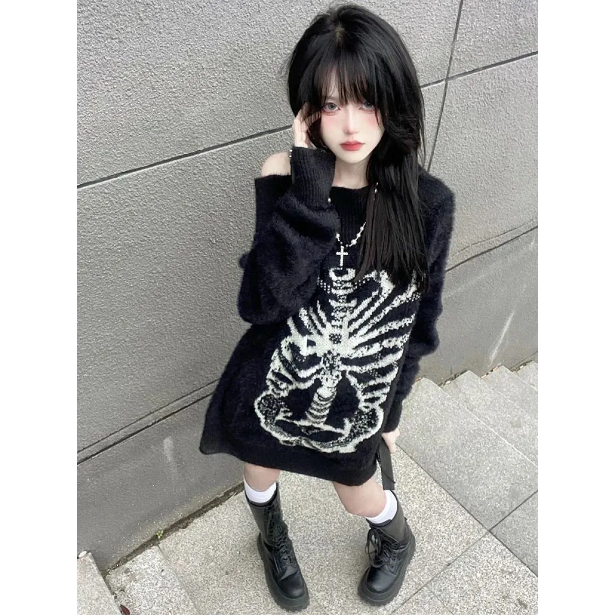 Black Skull Print Harajuku Sweater – Gothic Grunge Y2K Knitwear - Sweaters - Round - Women’s Sweaters - 3