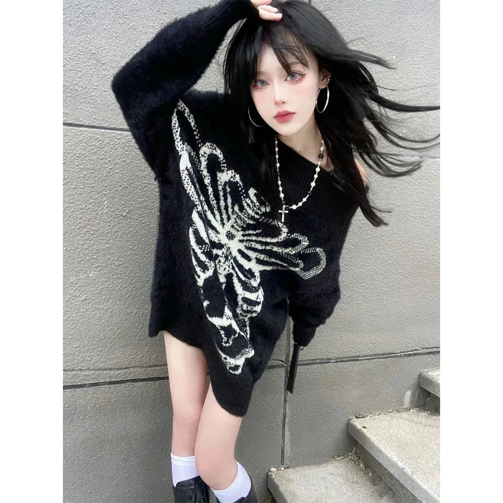 Black Skull Print Harajuku Sweater – Gothic Grunge Y2K Knitwear - Sweaters - Round - Women’s Sweaters - 4