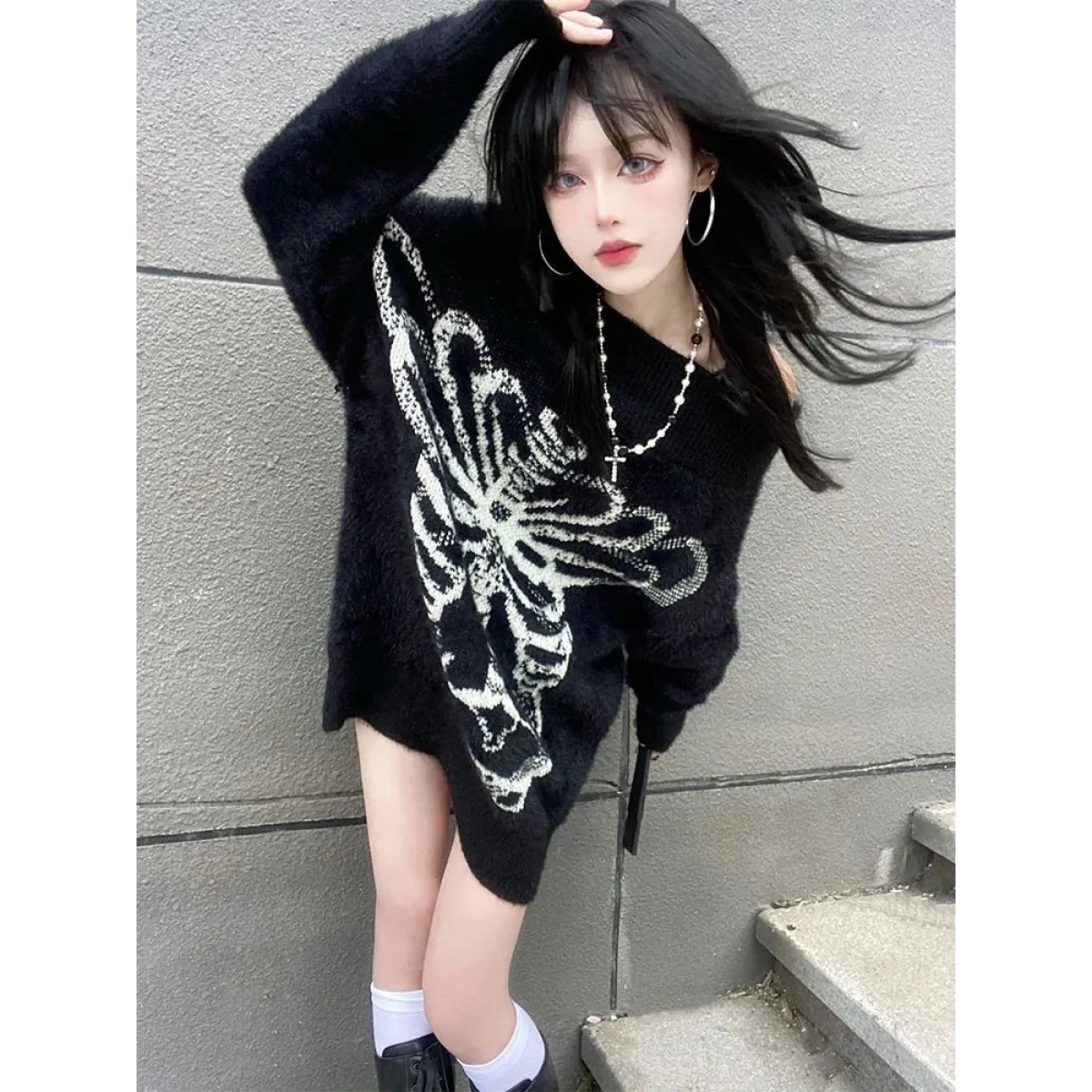 Black Skull Print Harajuku Sweater – Gothic Grunge Y2K Knitwear - Sweaters - Round - Women’s Sweaters - 4