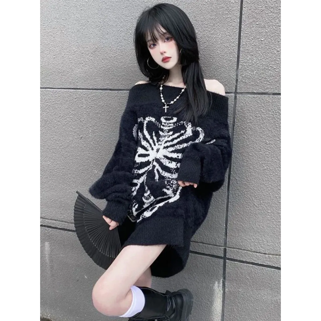 Black Skull Print Harajuku Sweater – Gothic Grunge Y2K Knitwear - Sweaters - Round - Women’s Sweaters - 5