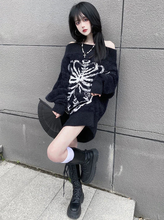 Black Skull Print Harajuku Sweater – Gothic Grunge Y2K Knitwear - Sweaters - Sweaters - 2025 - 2 - Worldwide Shipping