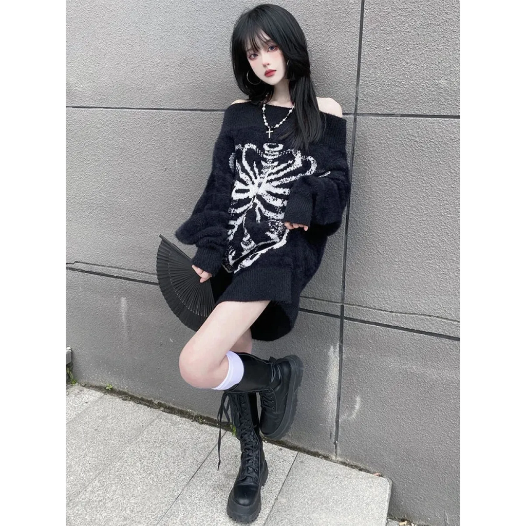 Black Skull Print Harajuku Sweater – Gothic Grunge Y2K Knitwear - Sweaters - Round - Women’s Sweaters - 2