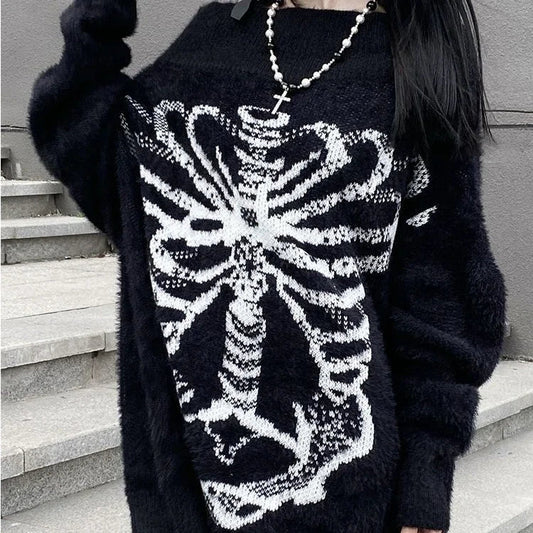 Black Skull Print Harajuku Sweater – Gothic Grunge Y2K Knitwear - Black / M - Sweaters - Sweaters - 2025 - 6