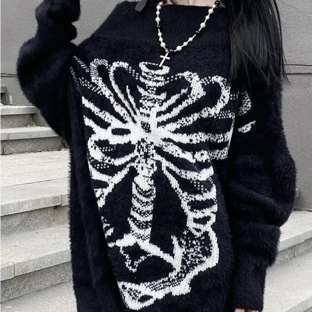 Black Skull Print Harajuku Sweater – Gothic Grunge Y2K Knitwear - Sweaters - Round - Women’s Sweaters - 6
