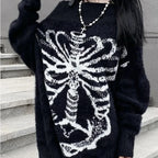 Black Skull Print Harajuku Sweater – Gothic Grunge Y2K Knitwear - Sweaters - Round - Women’s Sweaters - 6