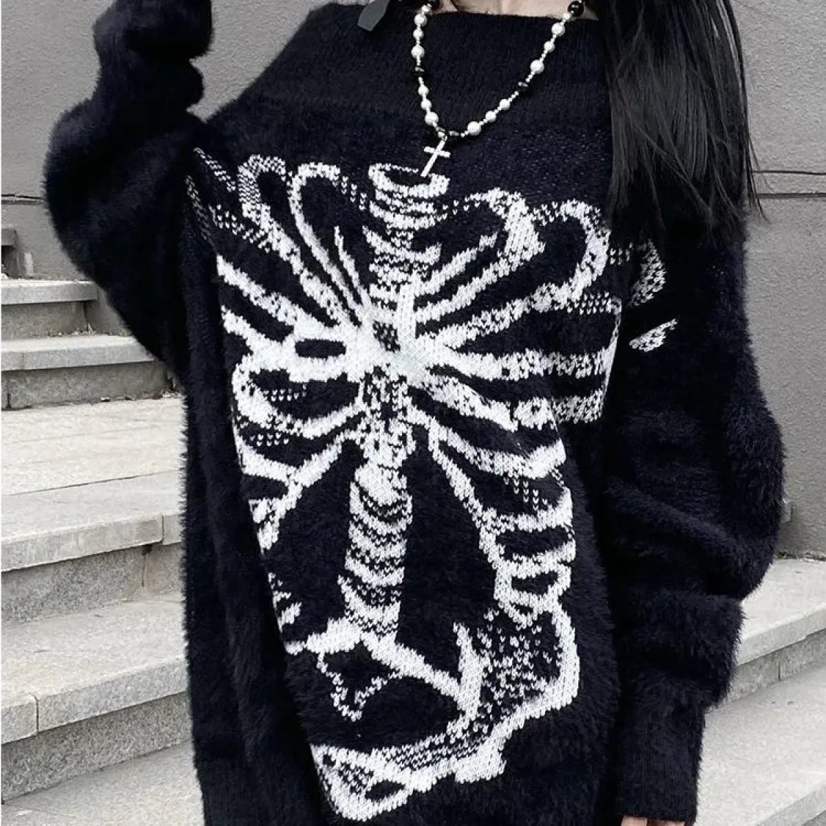 Black Skull Print Harajuku Sweater – Gothic Grunge Y2K Knitwear - Best Sellers - Round - Women’s Sweaters - 6