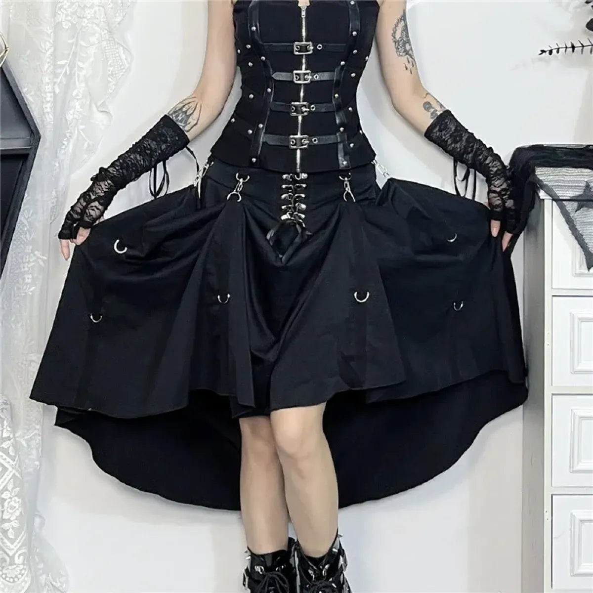 Gothic High Waist Ruffle Skirt – Punk Grunge Corset A-Line Skirt - Bottoms - Skirts - 2