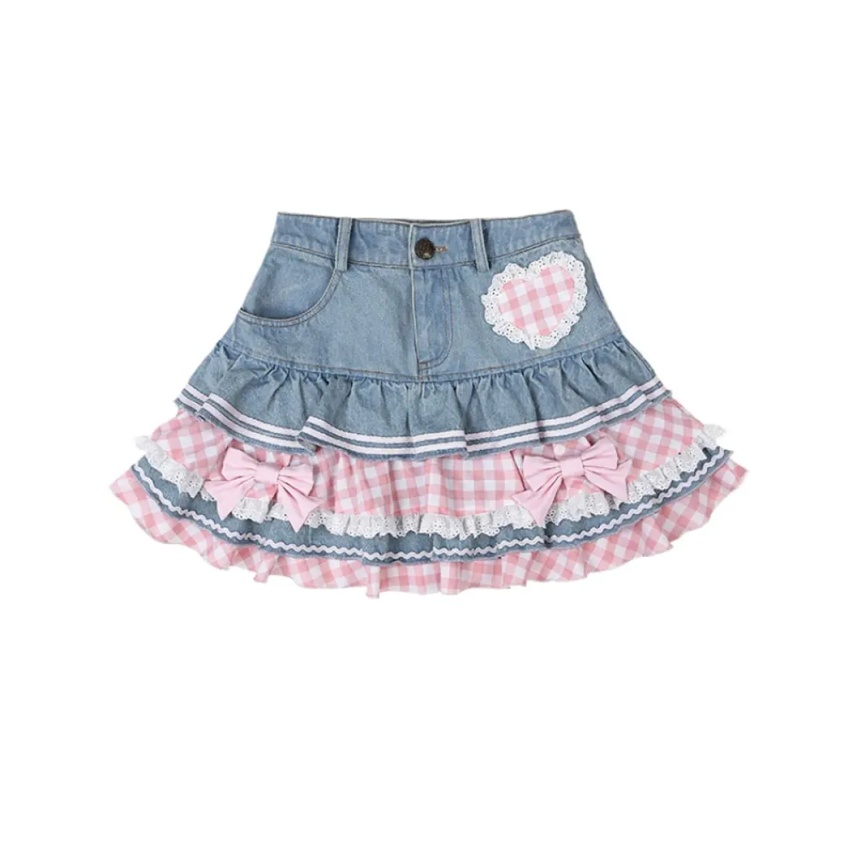 Sweet Mini Denim Skirt - Gothic Lace Plaid Hearts Ruffled Skirt - Bottoms - 8