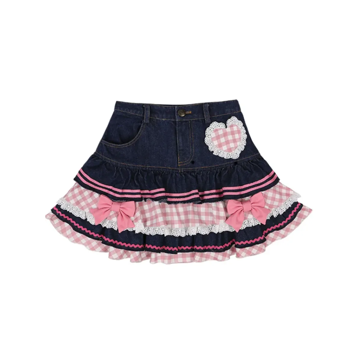 Sweet Mini Denim Skirt - Gothic Lace Plaid Hearts Ruffled Skirt - Bottoms - 7